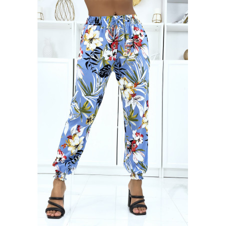 Pantalon bleu à fleurs, fluide élastique à la taille et aux chevilles  - 1