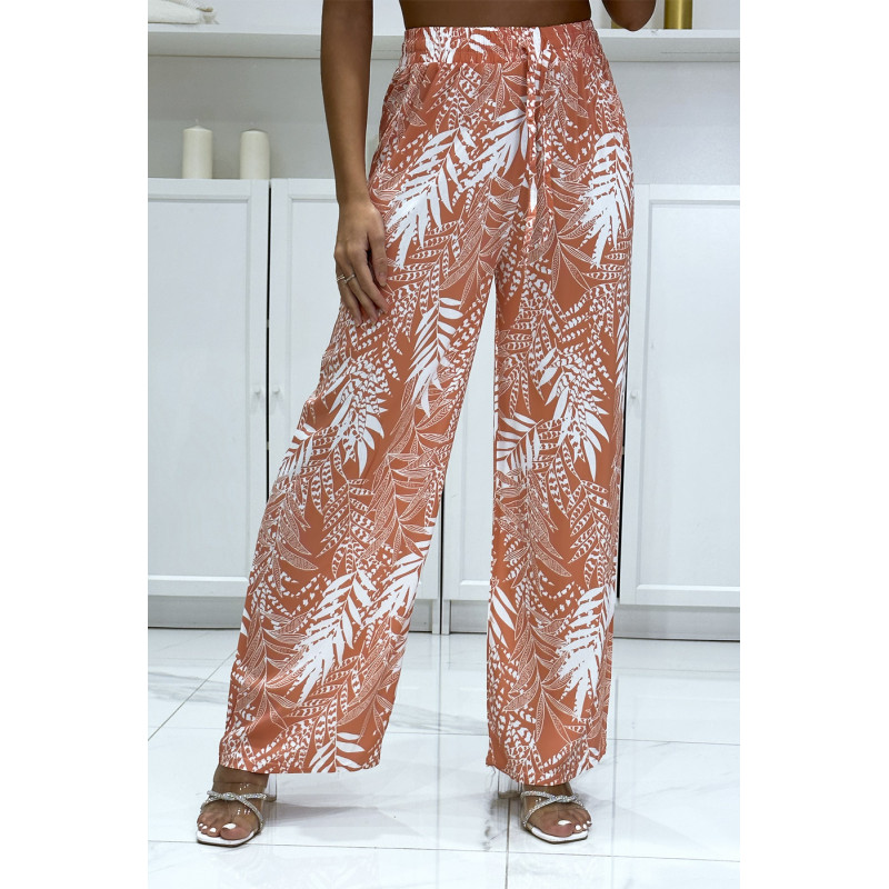 Pantalon palazzo corail en coton motif feuilles - 3