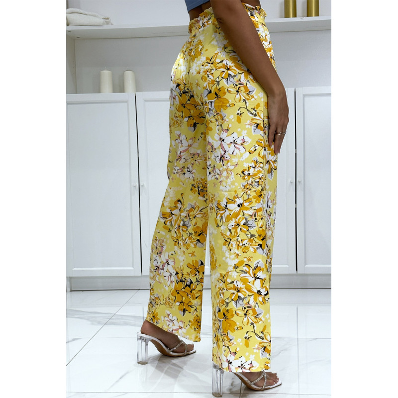 Pantalon palazzo fleuris jaune motif fleure - 1