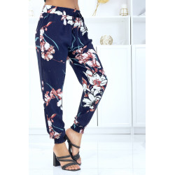 Pantalon marine à fleurs, fluide élastique à la taille et aux chevilles  - 3