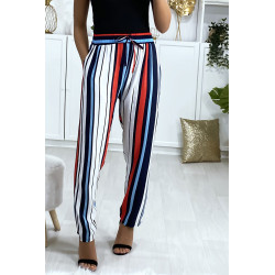 Pantalon rayé en coton bleu rouge blanc avec poches - 2