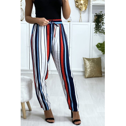 Pantalon rayé en coton bleu rouge blanc avec poches - 3