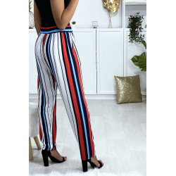 Pantalon rayé en coton bleu rouge blanc avec poches - 4