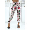 Pantalon rose à fleurs, fluide élastique à la taille et aux chevilles  - 1