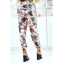 Pantalon rose à fleurs, fluide élastique à la taille et aux chevilles  - 3