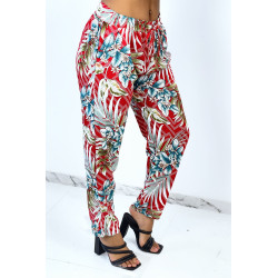 Pantalon fluide rouge à rayures en pointillés et imprimé floral - 2