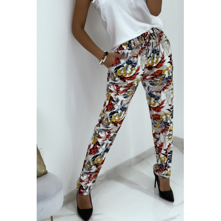 Pantalon fluide blanc à motif floral B-59 - 1