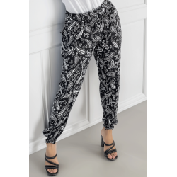 Pantalon fluide noir à motif aztèque avec joli noeud à la taille - 1