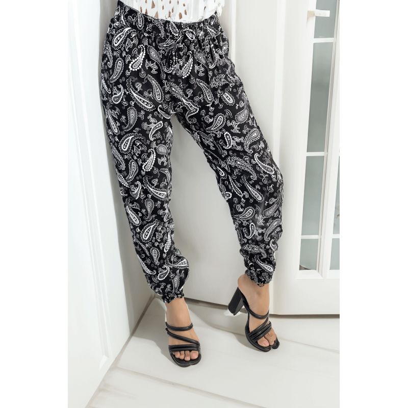 Pantalon fluide noir à motif aztèque avec joli noeud à la taille - 2