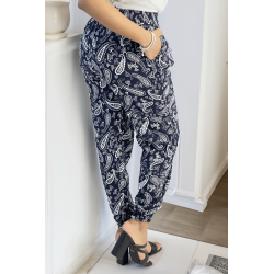 Pantalon fluide marine à motif aztèque avec joli noeud à la taille - 3