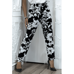 Pantalon fluide marine à motif floral B-54 - 1