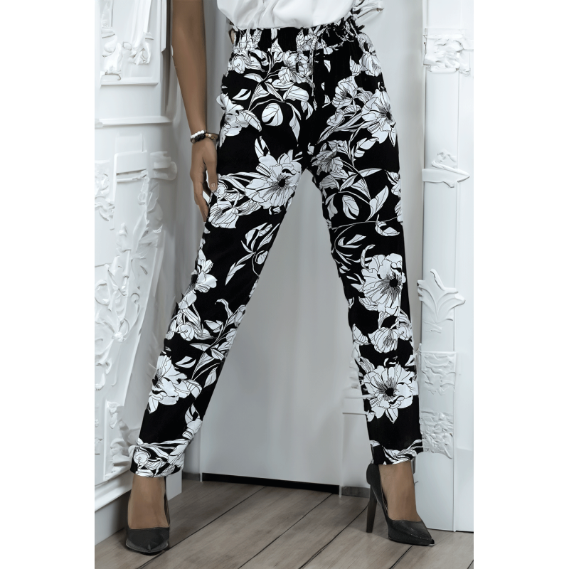 Pantalon fluide marine à motif floral B-54 - 1