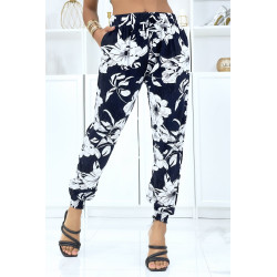 Pantalon marine à fleurs fluide élastique à la taille et aux chevilles  - 3