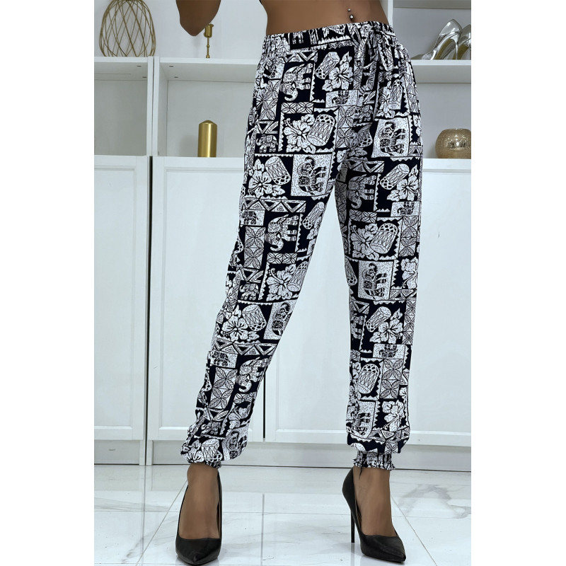 Pantalon fluide marine à motif ethnique A-21 - 1