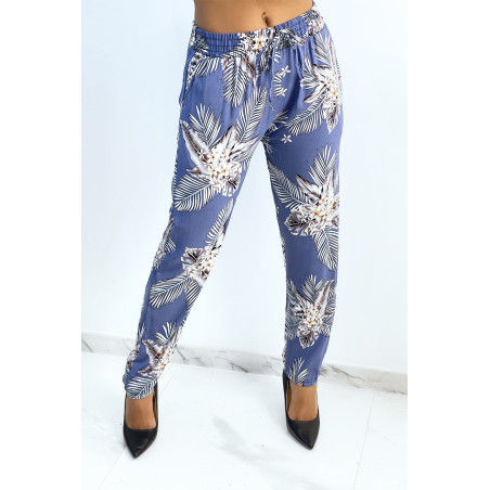 Pantalon fluide indigo à imprimé feuillage et fleuri - 1