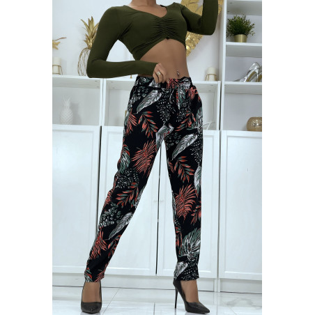 Pantalon fluide noir à motif floral B-15 - 1