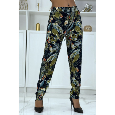 Pantalon fluide marine à motif floral B-23 - 1