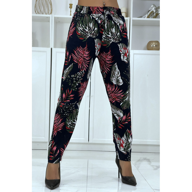 Pantalon fluide marine à motif floral B-15 - 1