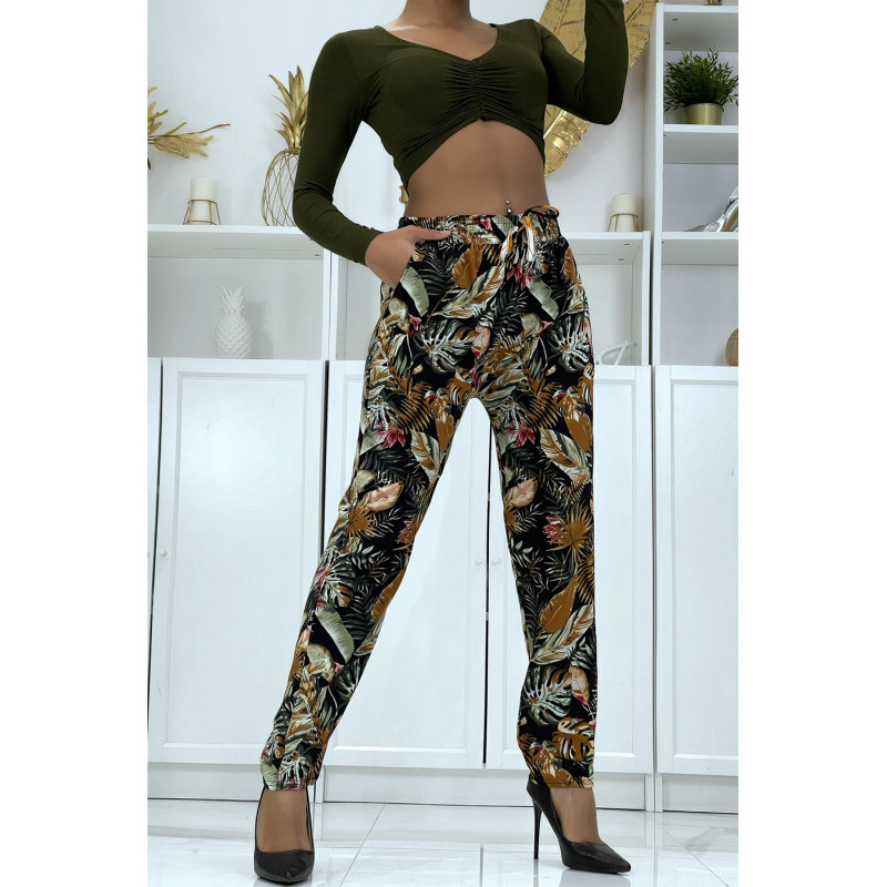 Pantalon fluide noir à motif floral B-23 - 1