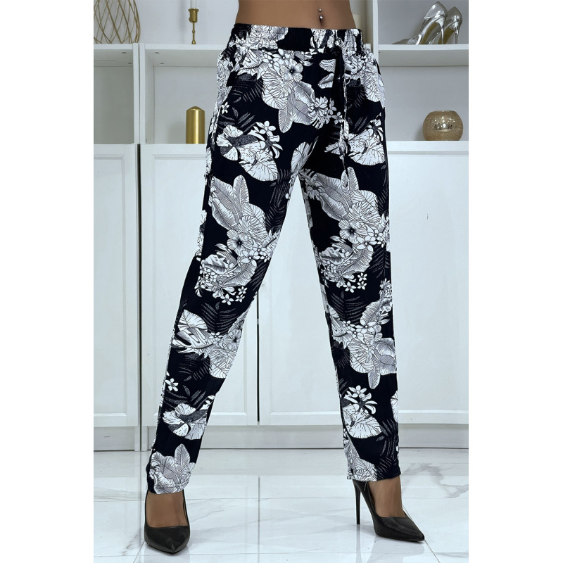 Pantalon fluide marine à motif floral B-47 - 1