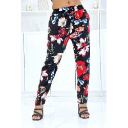 Pantalon noir à motif floral, fluide élastique à la taille - 1