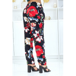 Pantalon noir à motif floral, fluide élastique à la taille - 3