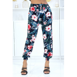 Pantalon noir à motif floral, fluide élastique à la taille et aux chevilles  - 1