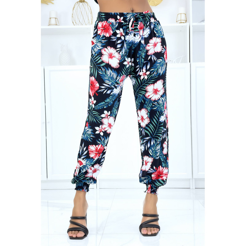 Pantalon noir à motif floral, fluide élastique à la taille et aux chevilles  - 1