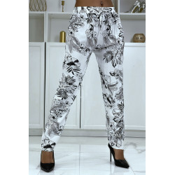 Pantalon fluide blanc à motif floral B-47 - 1