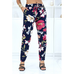 Pantalon marine à motif floral, fluide élastique à la taille - 1