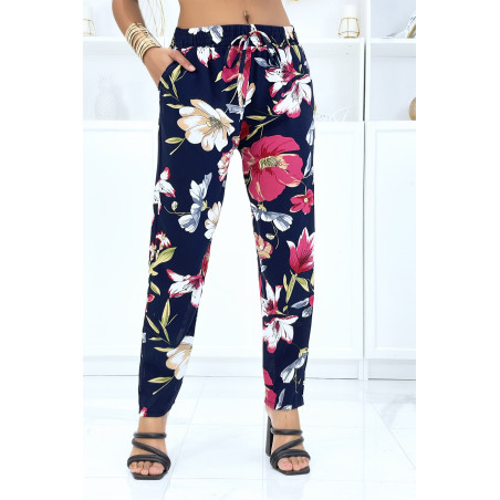 Pantalon marine à motif floral, fluide élastique à la taille - 1