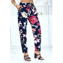 Pantalon marine à motif floral, fluide élastique à la taille - 2