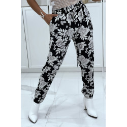 Pantalon fluide noire à motif floral B-60 - 4