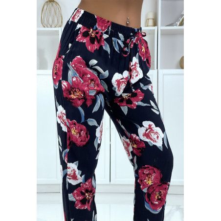 Pantalon fluide marine à motif floral B-11 - 1