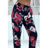 Pantalon fluide marine à motif floral B-11 - 1