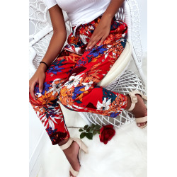 Pantalon fluide très agréable à porter en coton, motif fleuri rouge avec poche et lacet - 1