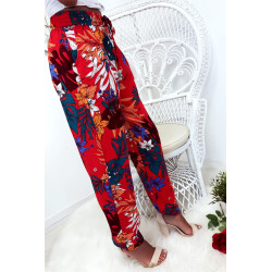 Pantalon fluide très agréable à porter en coton, motif fleuri rouge avec poche et lacet - 2