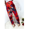 Pantalon fluide très agréable à porter en coton, motif fleuri rouge avec poche et lacet - 7