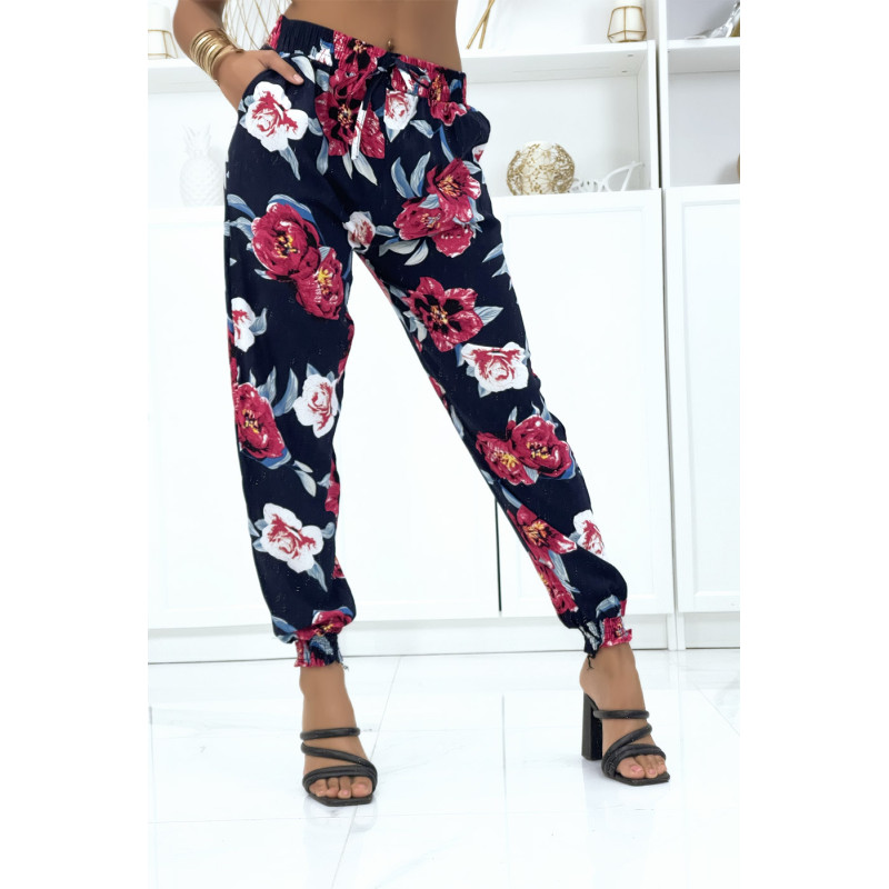 Pantalon marine à fleurs fluide élastique à la taille et aux chevilles - 1