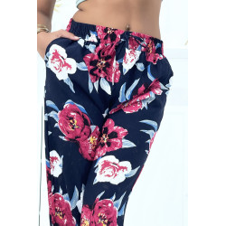 Pantalon marine à fleurs fluide élastique à la taille et aux chevilles - 4