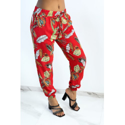 Pantalon fluide rouge à motif feuillage - 2