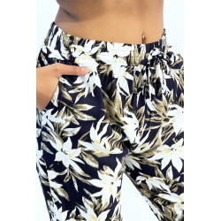 Pantalon fluide marine imprimé tropical resserré aux chevilles  - 3