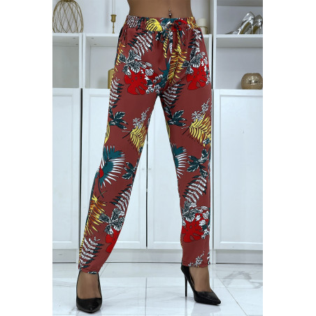 Pantalon fluide cognac à motif floral B-5 - 1