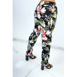 Pantalon noir cigarette fluide à magnifique fleurs colorées  - 3