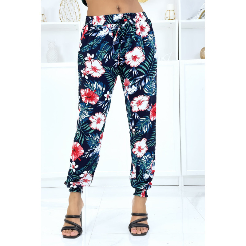 Pantalon marine à motif floral, fluide élastique à la taille et aux chevilles  - 1