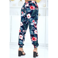 Pantalon marine à motif floral, fluide élastique à la taille et aux chevilles  - 3