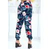 Pantalon marine à motif floral, fluide élastique à la taille et aux chevilles  - 3