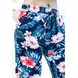 Pantalon marine à motif floral, fluide élastique à la taille et aux chevilles  - 4