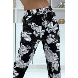 Pantalon fluide noir à motif floral B-47 - 4