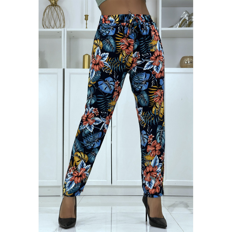 Pantalon fluide marine à motif floral B-29 - 1